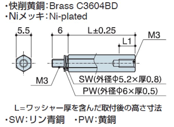 M2Wタイプ 六角 黄銅 オネジ/メネジ M3 SW,PW(ワッシャー)付 - MYG通信